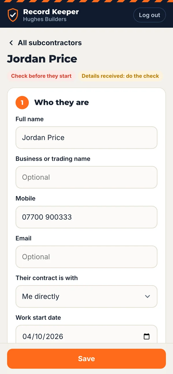 Adding a subcontractor called Jordan Price in the Record Keeper