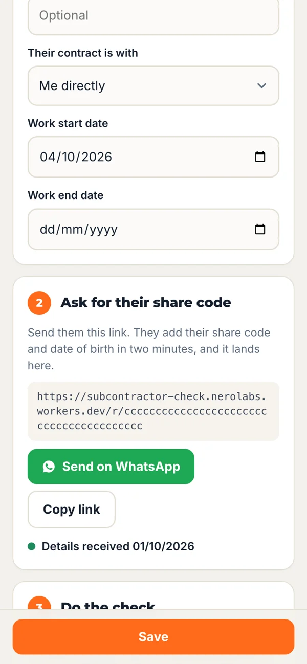 Record Keeper: asking a subcontractor for their share code with a Send on WhatsApp button
